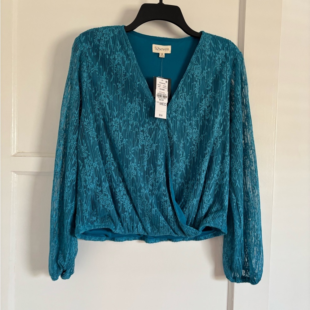 52seven Women's Mesh Lace Long Sleeve Wrap Blouse  Turquoise SZ M